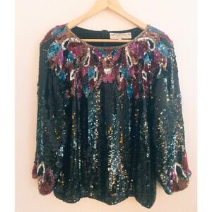 Vintage Judith Ann Creations 1980s Silk Sequin Long Sleeve Disco Blouse Small